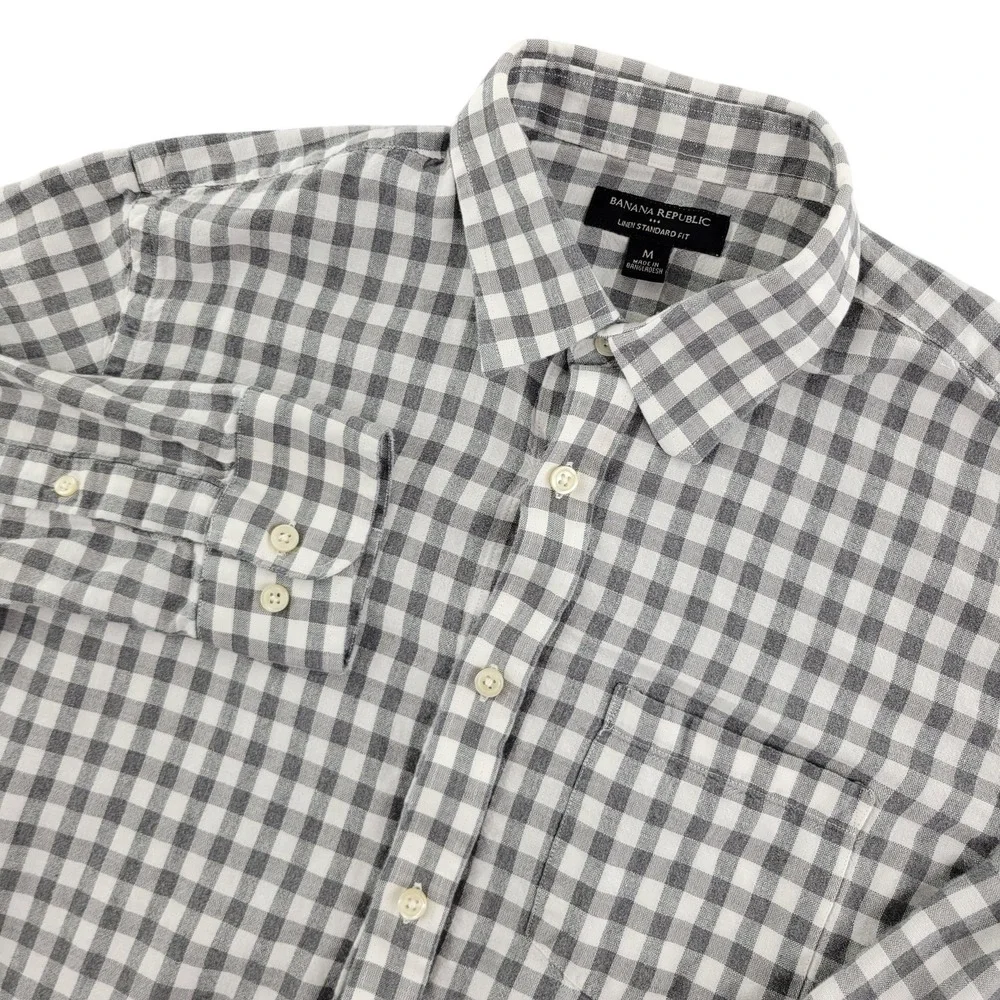 Banana Republic Shirt Mens M Gray Check Long Sleeve Linen Button Up Casual